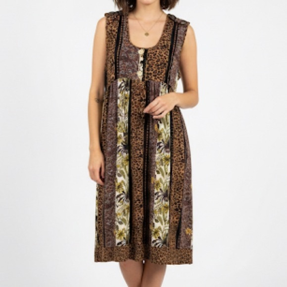 MELROSE Mixed Print Leopard Animal Floral Boho Sleeveless Flowy Popover Dress - Picture 1 of 9